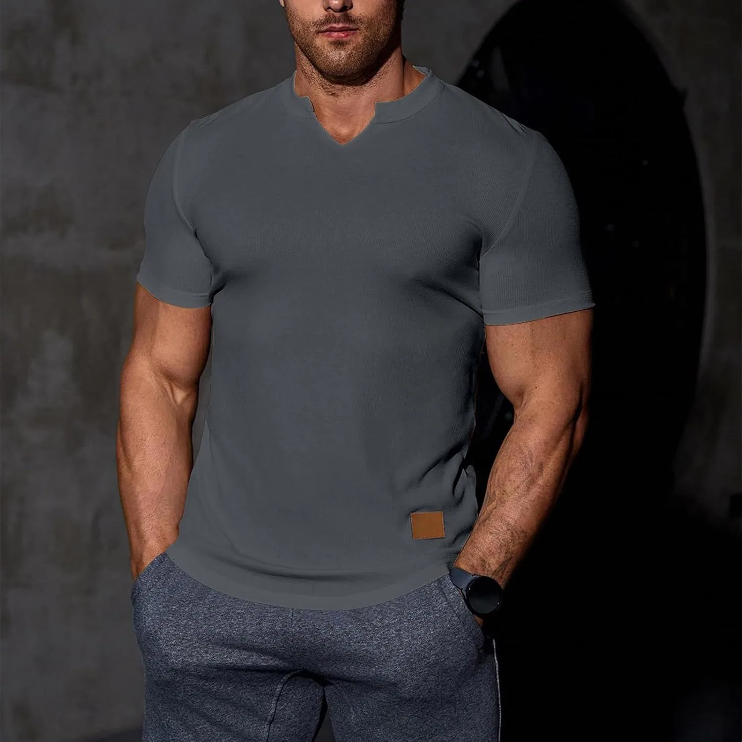 Мужская облегающая футболка с ребристой текстурой Henley, Dark Gray — фото 3
