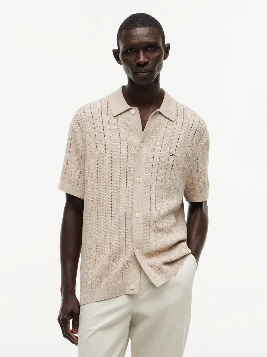 Вязаный кардиган TOMMY HILFIGER 'Relaxed Pointelle Short Sleeve With' бежевого цвета — фото 2
