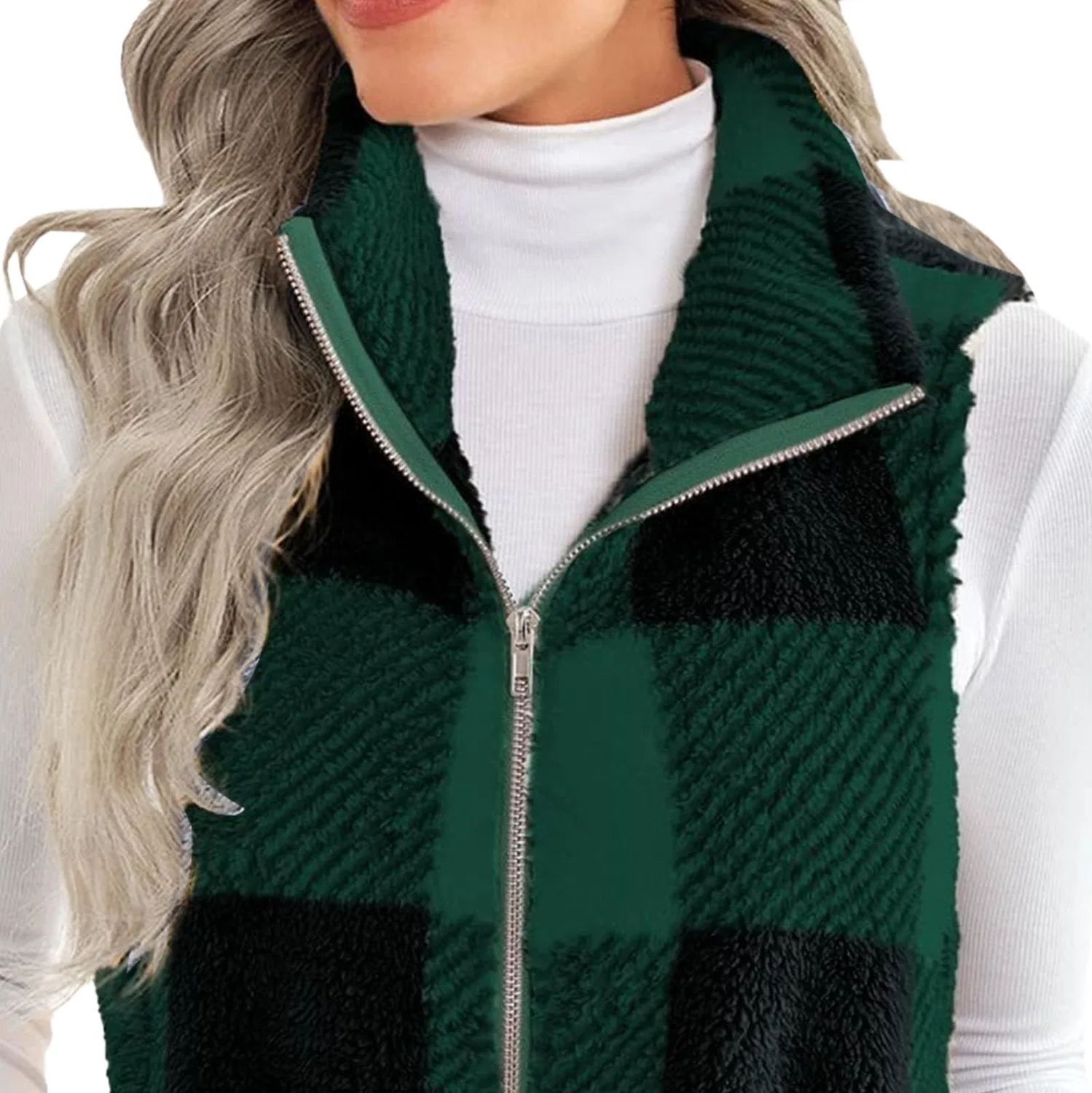 Женский жилет без рукавов с принтом Fluffy Warm Casual Women Fur Plaid Sherpa Jacket Autumn Winter, Verde — фото 4