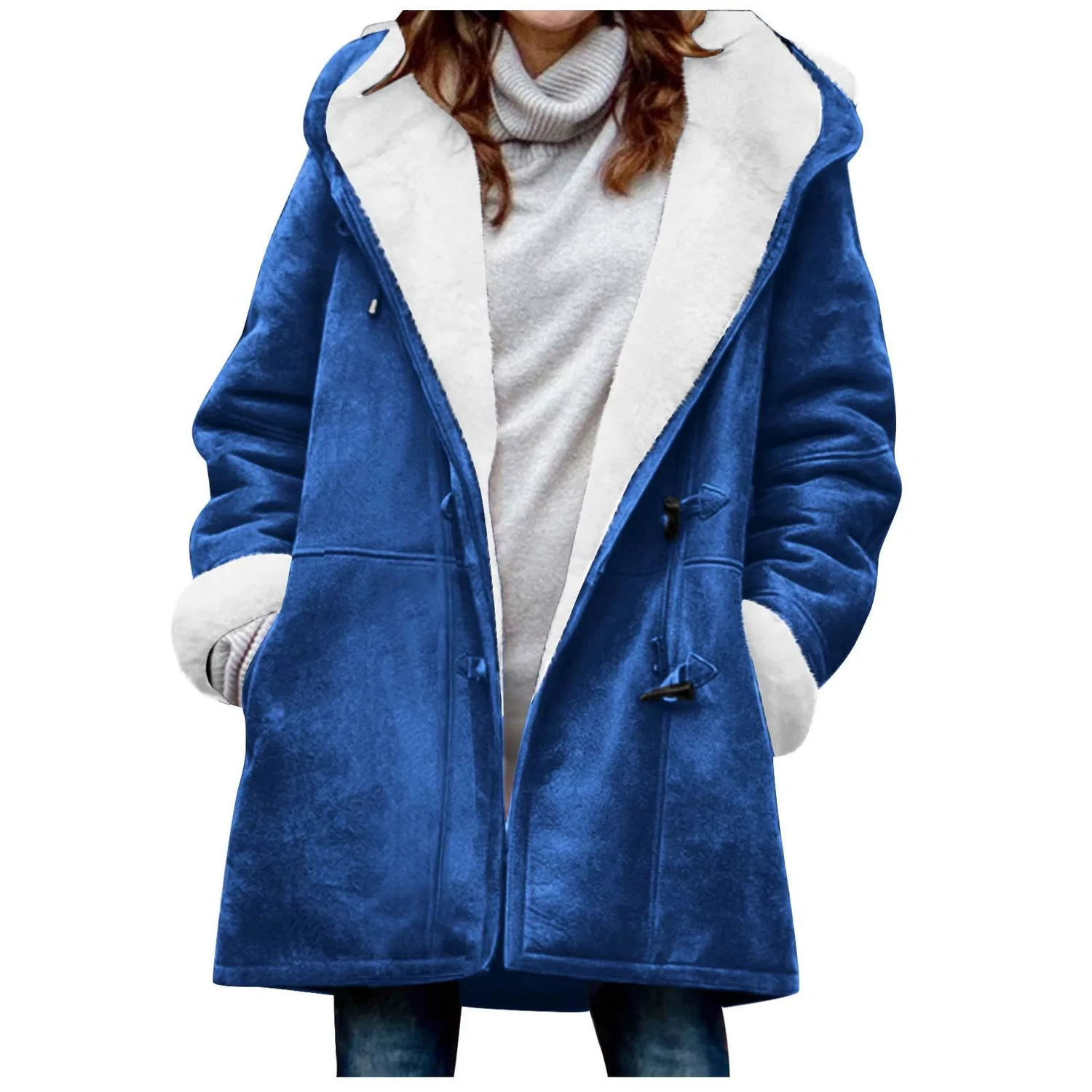 Женское пальто из замши с капюшоном и подкладкой из флиса, Blu