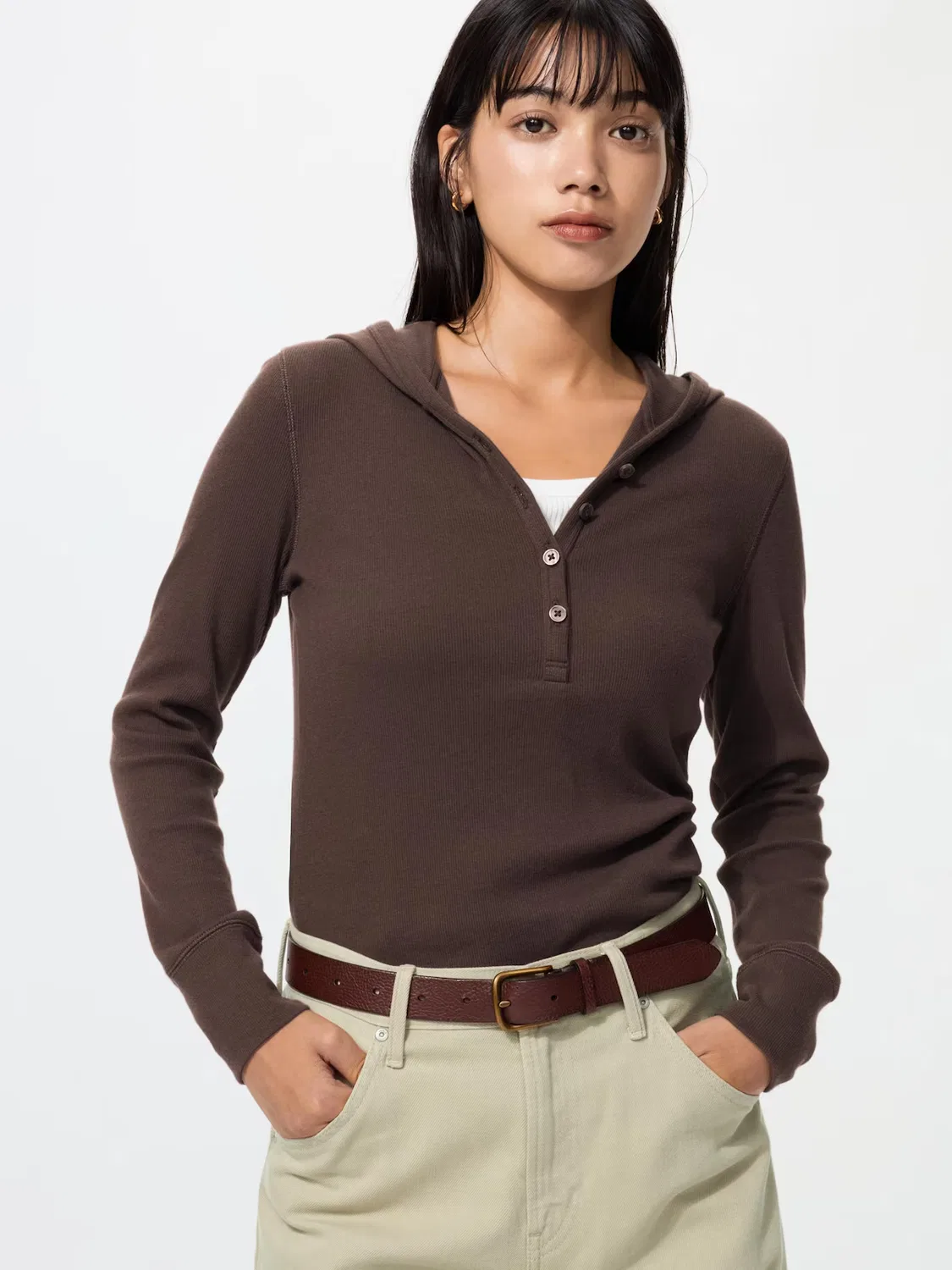 Худи с капюшоном Uniqlo, вязаное в рубчик, темно-коричневый