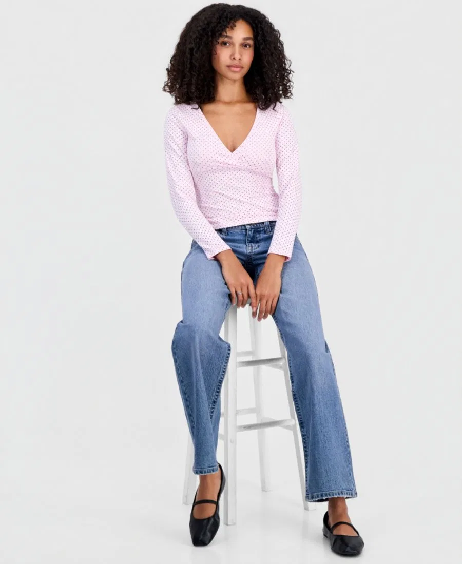 Топ с запахом с длинным рукавом и принтом в горошек Madden Girl, Pink Combo — фото 4