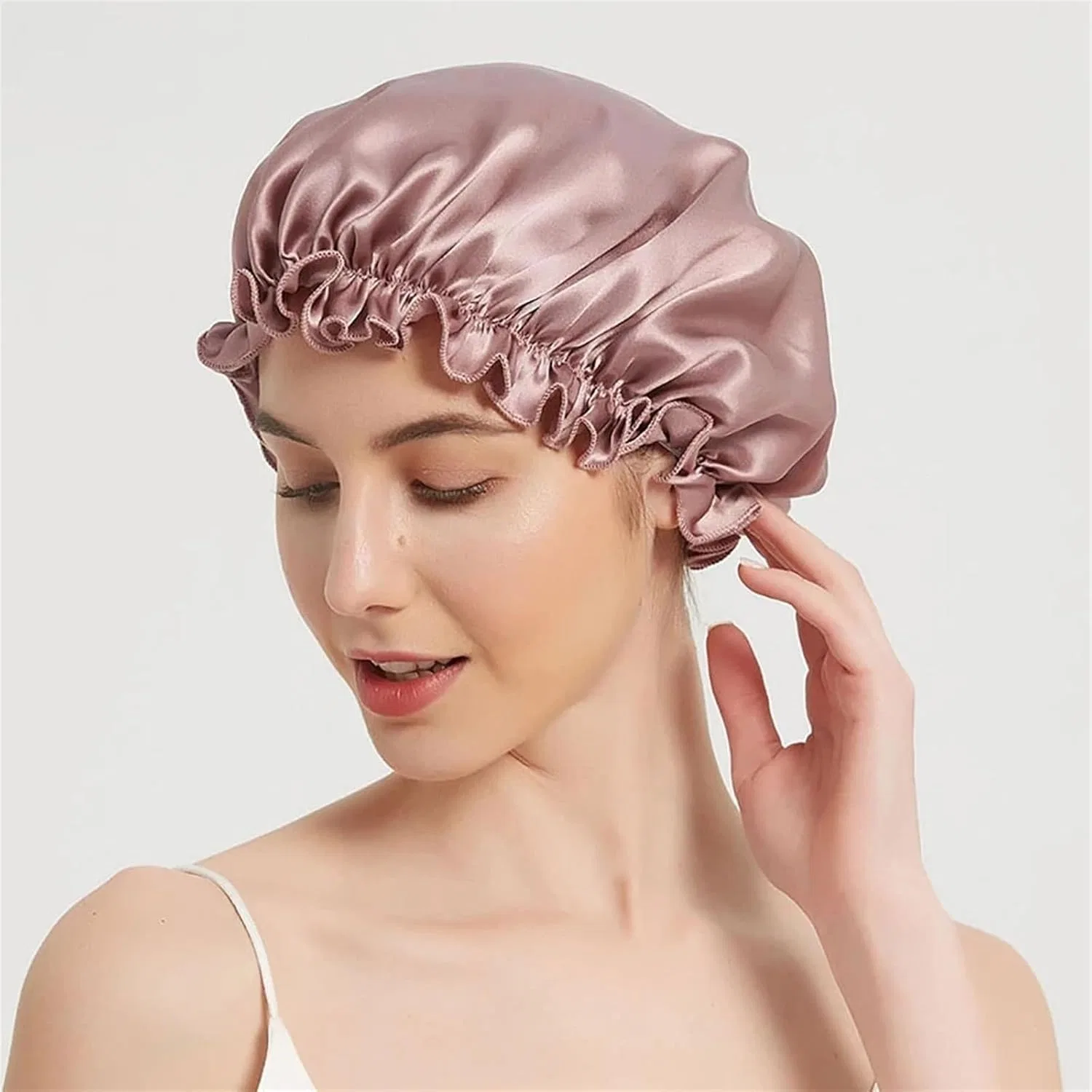 Шапочка для душа из шелка, DYYEUAVT, 16 Momme, L (58-60 см), Purplish Red — фото 2