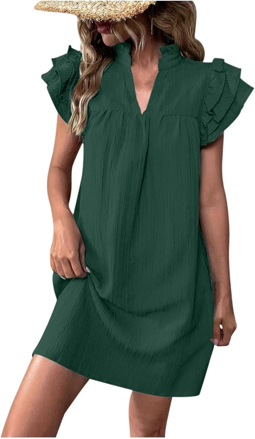 Женское летнее мини-платье с рюшами и V-образным вырезом, A-line, Army Green