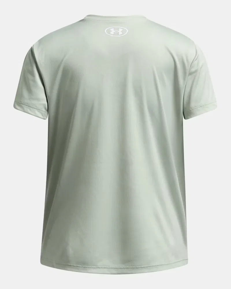 Футболка для девочек с коротким рукавом, быстросохнущая, UA Tech Split Wordmark UnderArmour, Hydro Green/Silica Green/White — фото 2