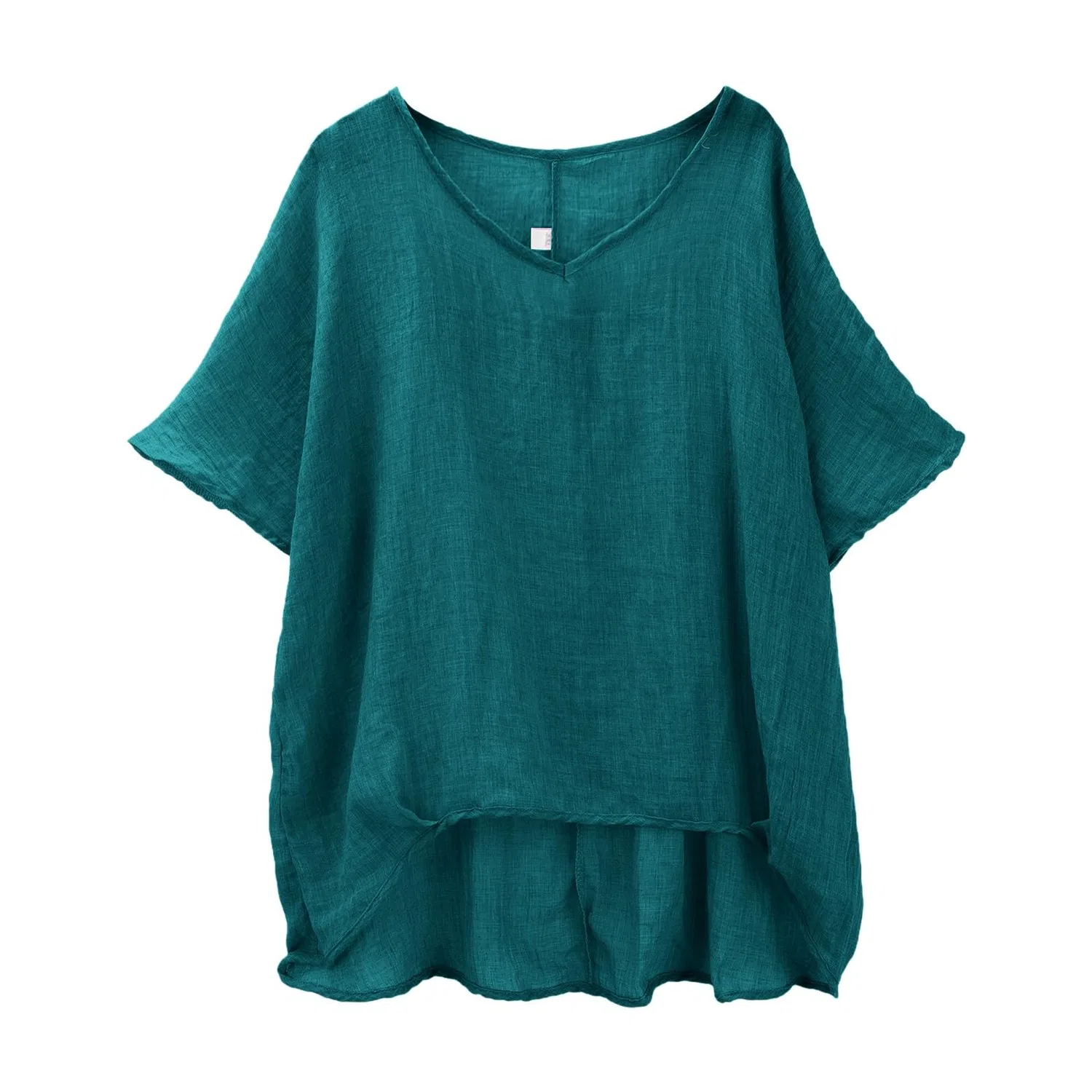 Женская туника с коротким рукавом из льна, однотонная, Plus Size, Green — фото 4