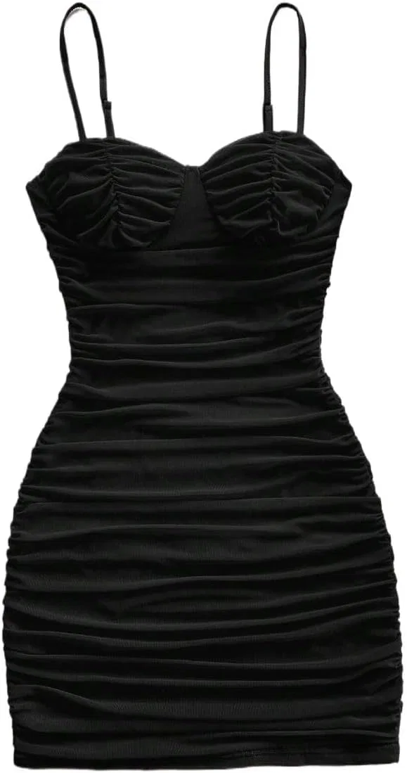 Женское мини-платье на бретелях с драпировкой Bodycon, Black — фото 4