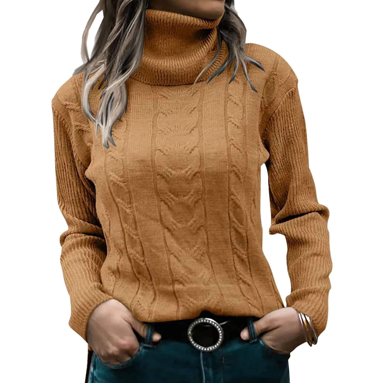 Женский джемпер с высоким воротником и длинным рукавом, с принтом, Light Brown