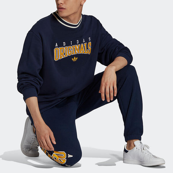 Толстовка Men's adidas originals SCRIPT CREW Printing Sports Round Neck Navy Blue, синий — фото 4