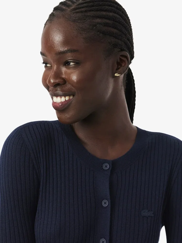 Кардиган LACOSTE Navy из мериносовой шерсти, V-образный вырез, темно-синий — фото 3