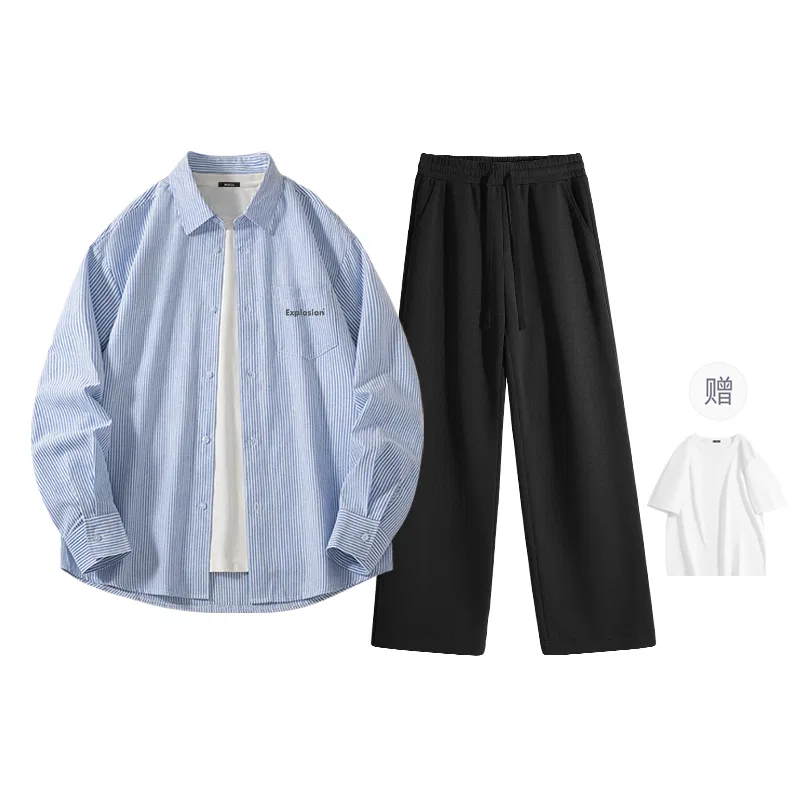 Детский комплект футболок с принтом Mk Brave Letter Chest Logo MINISO, Heather Gray & Gray White Stripes — фото 3