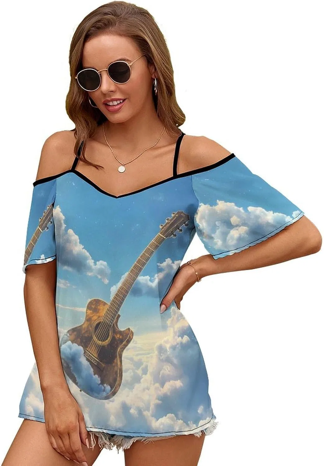 Женское платье-футболка с открытыми плечами Guitar in The Sky, Style