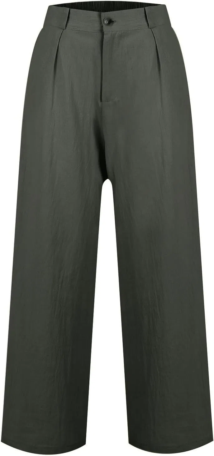 Женские широкие брюки из льна с высокой посадкой, Dark Green — фото 3