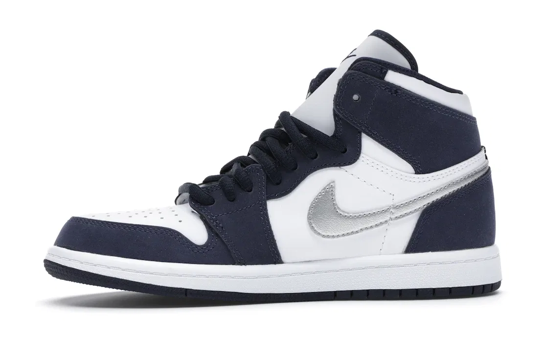 Детские кроссовки высокие с принтом Jordan 1 Retro High COJP Midnight Navy Jordan, White/Metallic Silver-Midnight Navy — фото 3