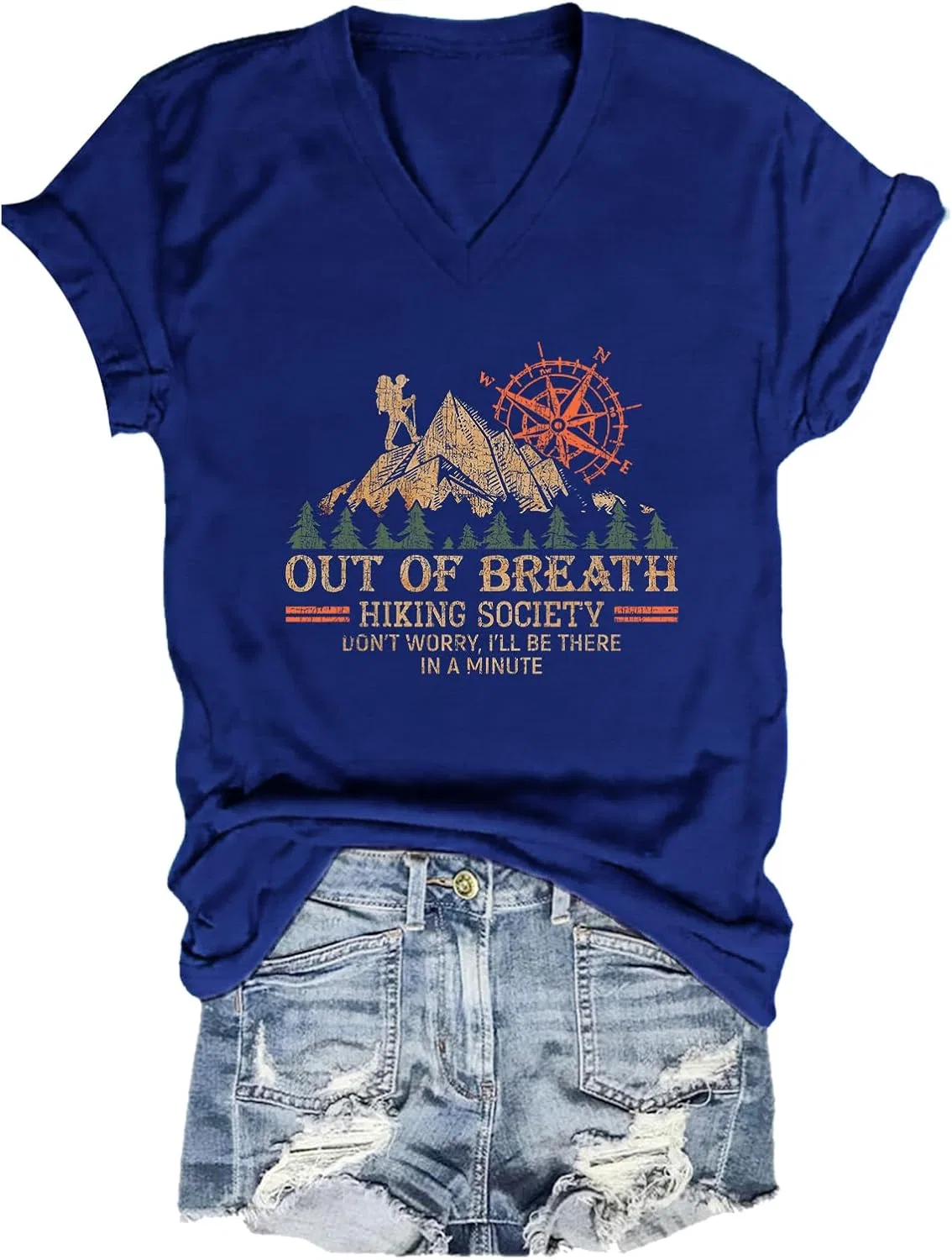 Женская футболка с V-образным вырезом Out of Breath Hiking Society, Sapphire Blue