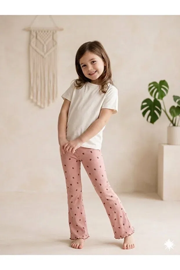 Детские леггинсы для девочек с принтом Strawberry Patterned Ribbed Spanish Leg Summer Saydamoda, Pink — фото 2