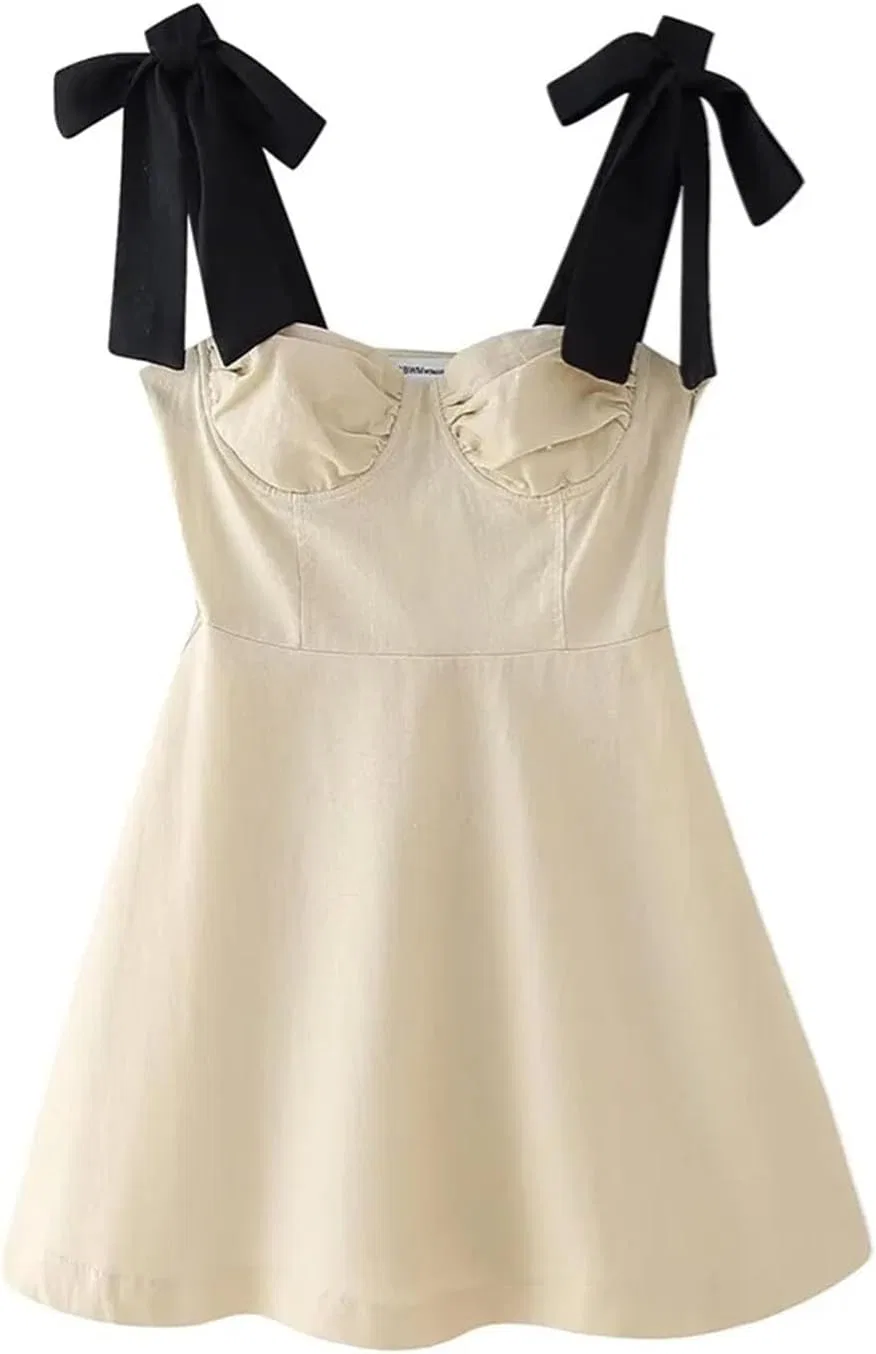 Женское мини-платье с контрастными бантами на бретелях Sweetheart Neck, Khaki