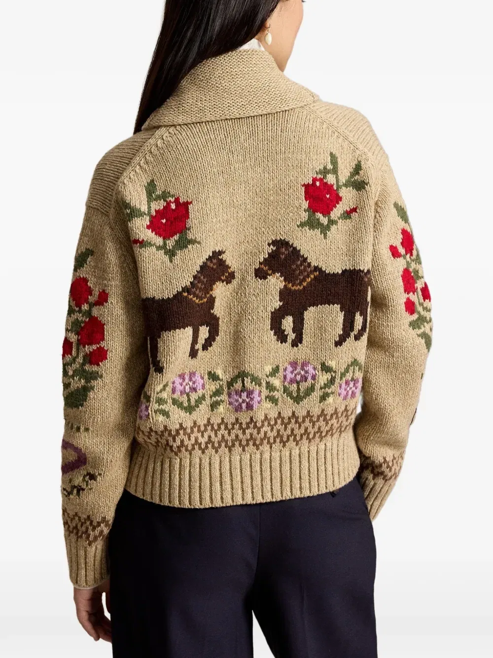 Кардиган вязки интарсия с воротником-шалькой Polo Ralph Lauren, бежевый — фото 4
