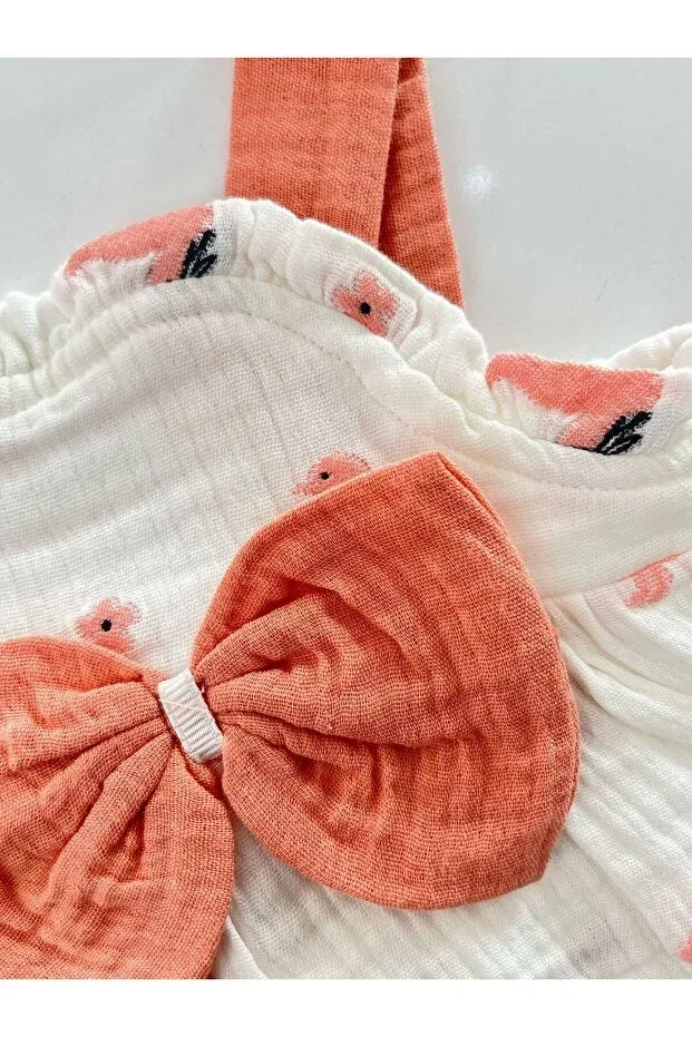 Детское платье для девочек хлопковое Flamingo patterned muslin baby girl dress with straps and bow Mbk Garden, Pomegranate Blossom — фото 4