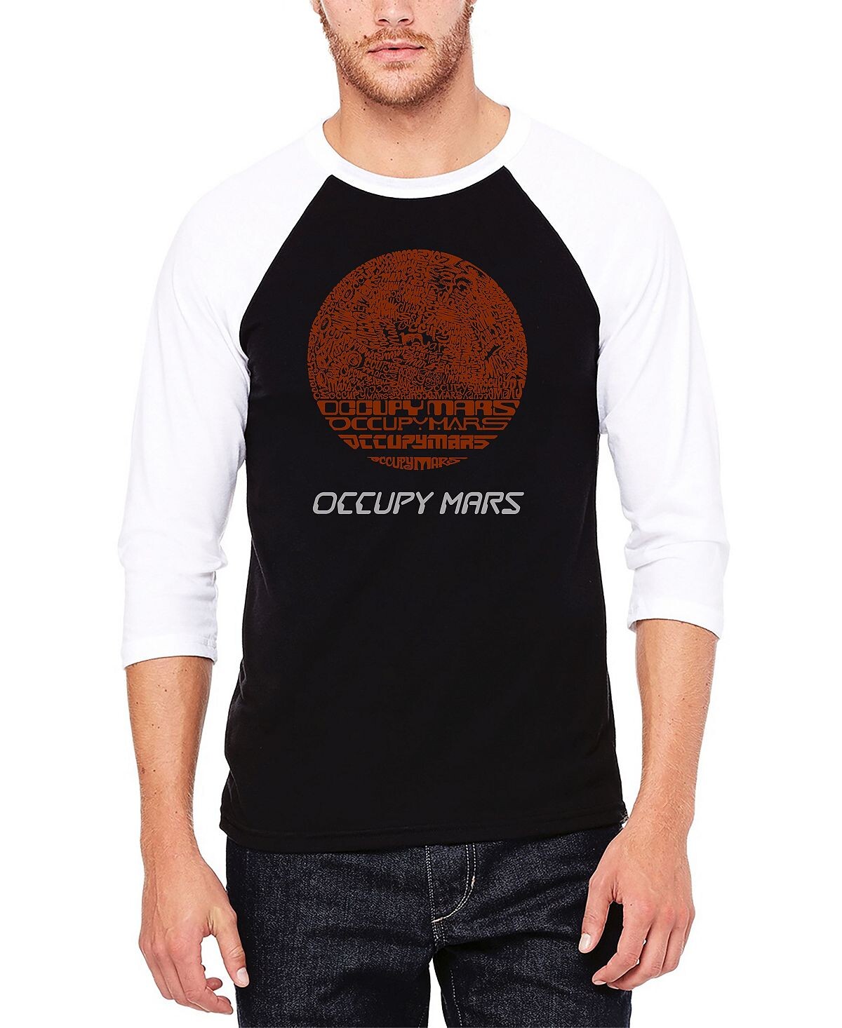 

Мужская бейсбольная футболка occupy mars с регланами word art LA Pop Art, черно-белый, Черный, Мужская бейсбольная футболка occupy mars с регланами word art LA Pop Art, черно-белый