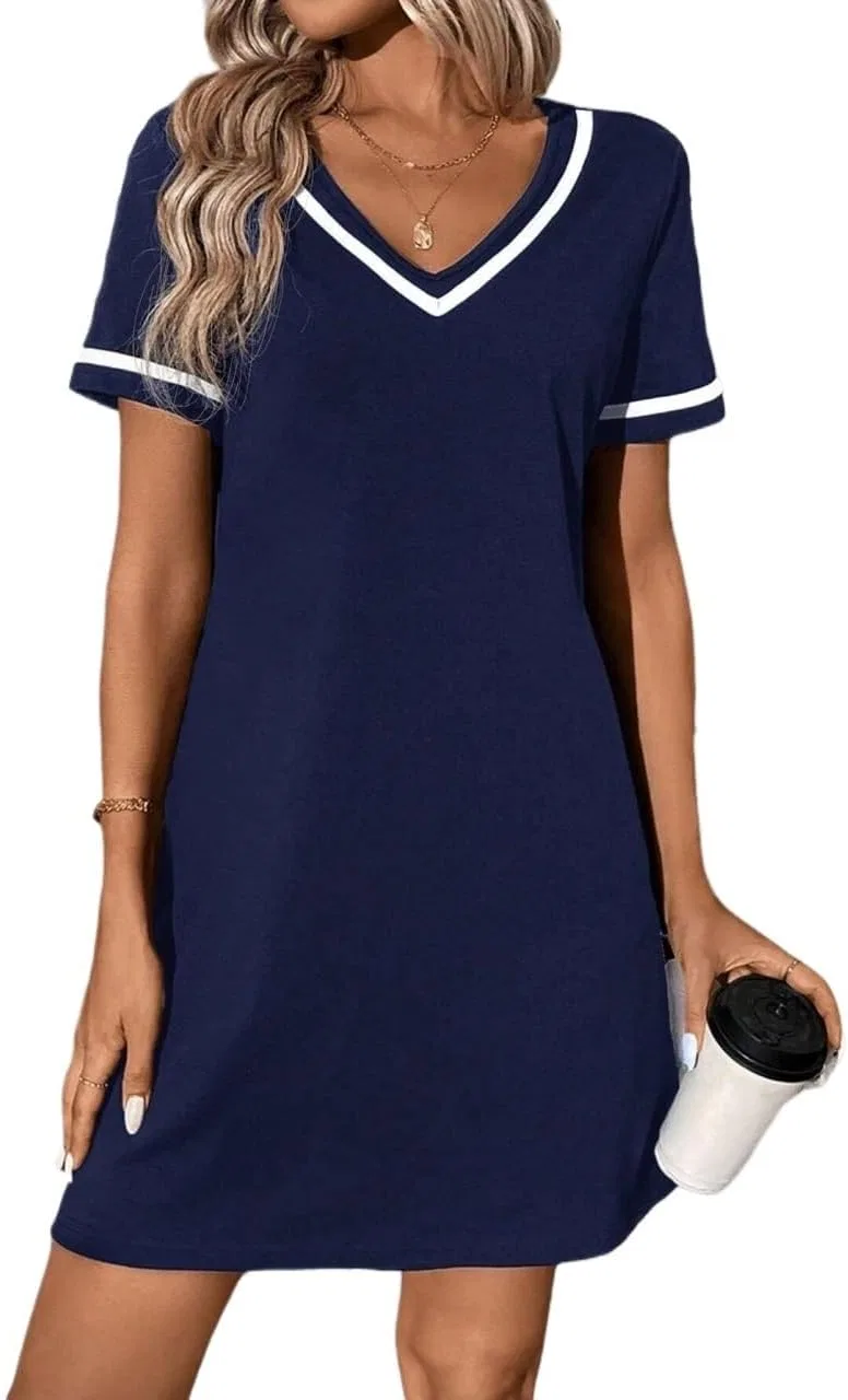Женское повседневное платье-футболка с V-образным вырезом и поясом, Navy Blue
