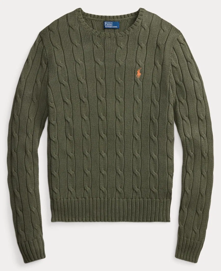 Свитер с воротником-гольф из хлопка, модель Cable-Knit Cotton Crewneck Sweater Polo Ralph Lauren, Dense Olive — фото 3