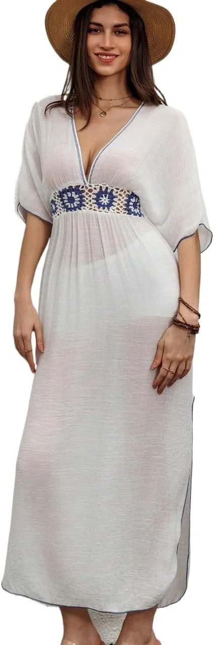 Женский пляжный костюм с кружевными рукавами, White
