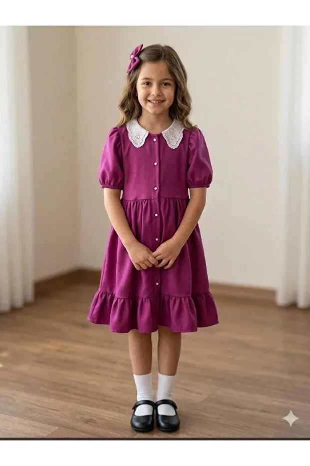Детское платье для девочек с воротником Wednesday Ready Collar Zelhankids, Fuchsia — фото 2