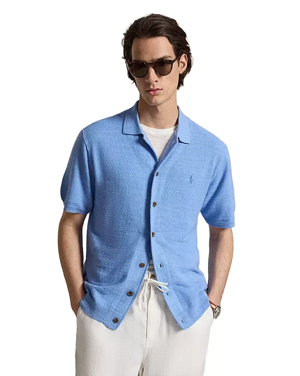 Мужской джемпер-кардиган с коротким рукавом из хлопка и льна Cotton-Linen short-sleeve cardigan Polo Ralph Lauren, Bristol Blue