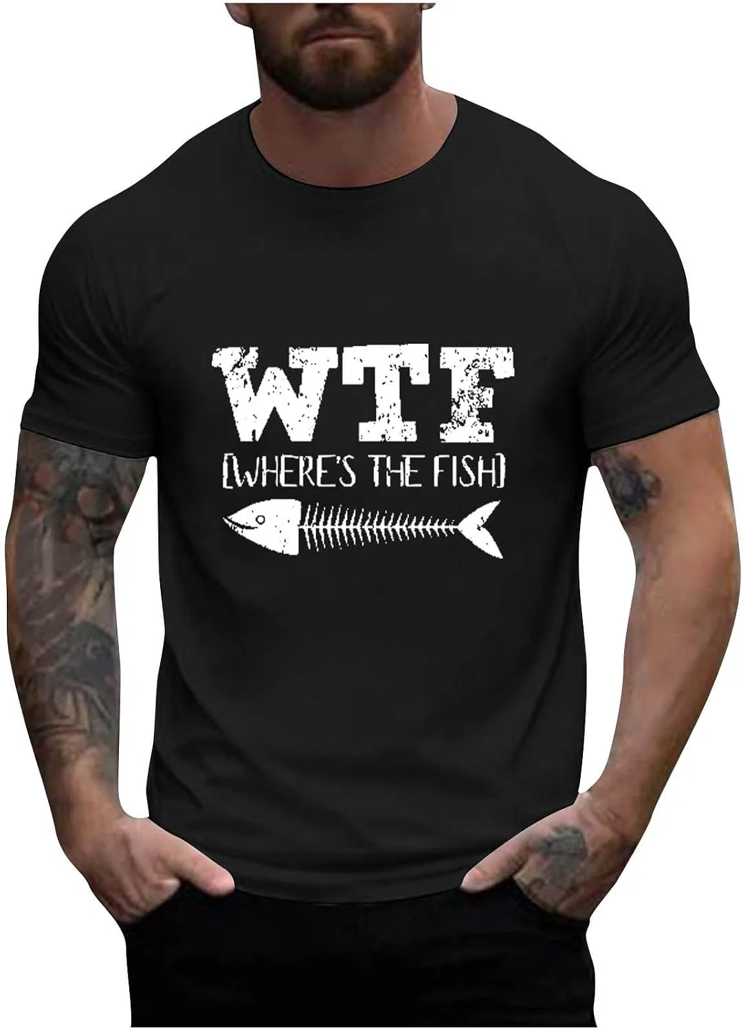 Мужская футболка с принтом WTF Where's The Fish, хлопковая, чёрный