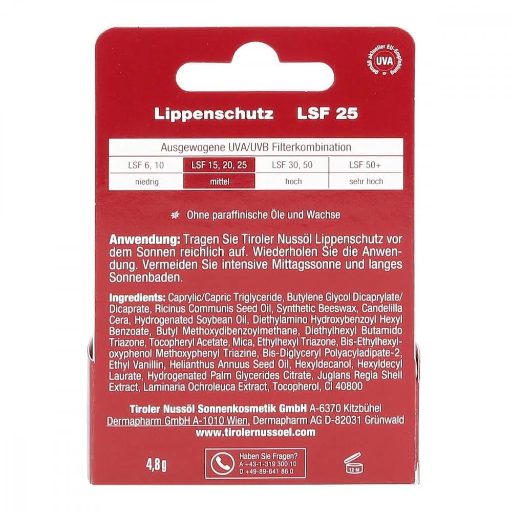 Бальзам для губ с маслом ореха Tyroler, SPF 25, 4.8 г, красный Cloderm — фото 3