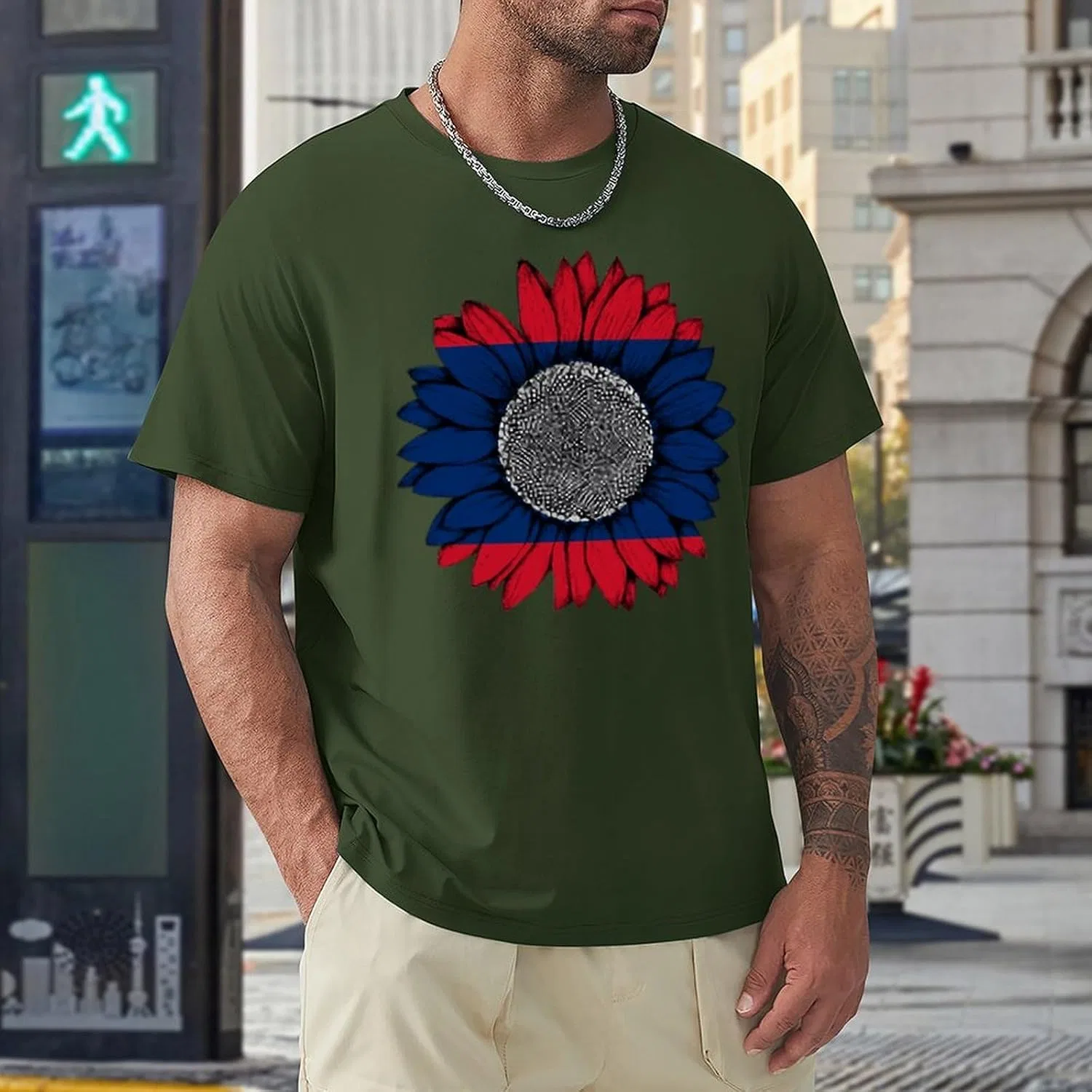 Мужская футболка с принтом флага, Vintage Sunflower Laos Lao, Army Green — фото 4
