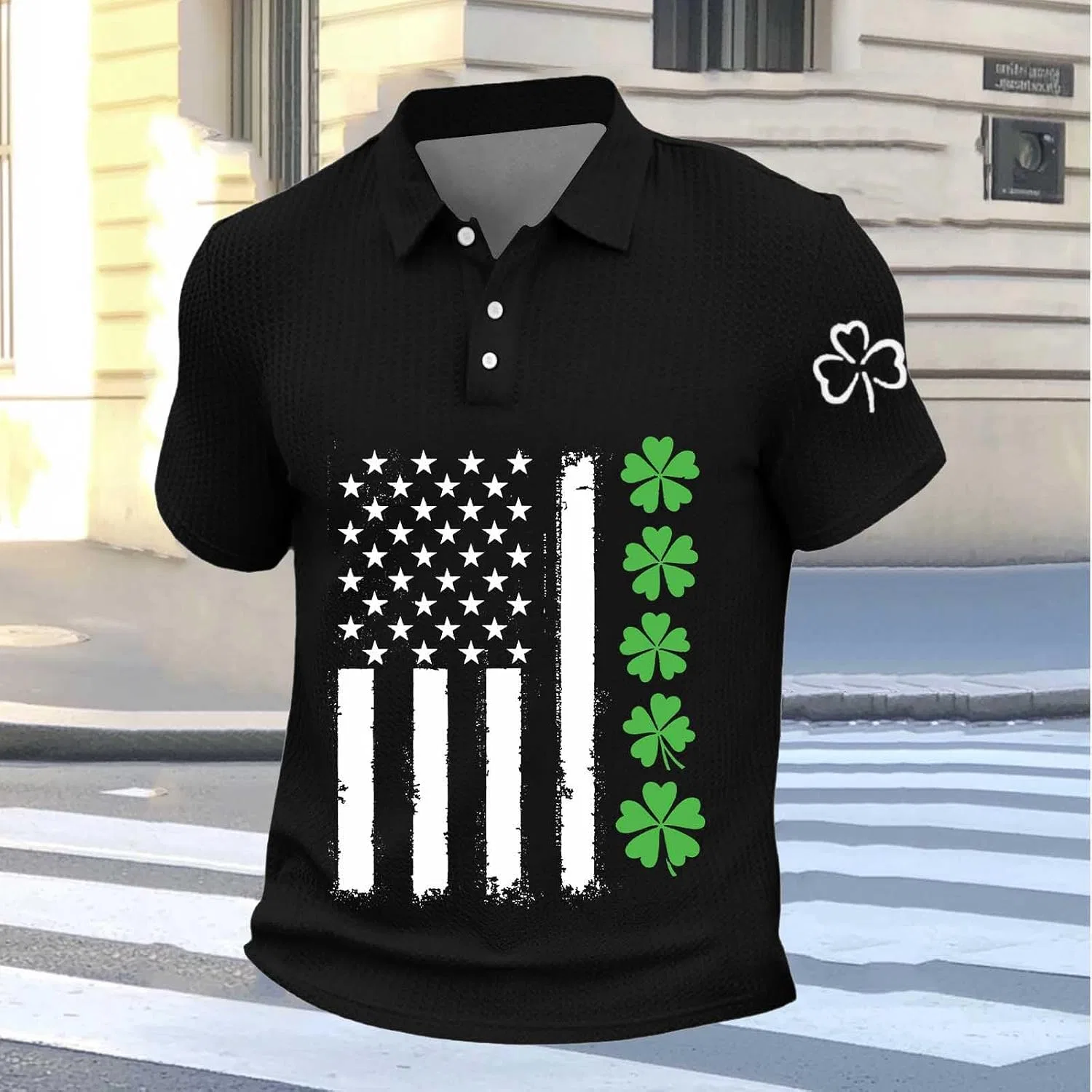 Мужская футболка поло с вафельным переплетением St Patricks Day, Black — фото 3
