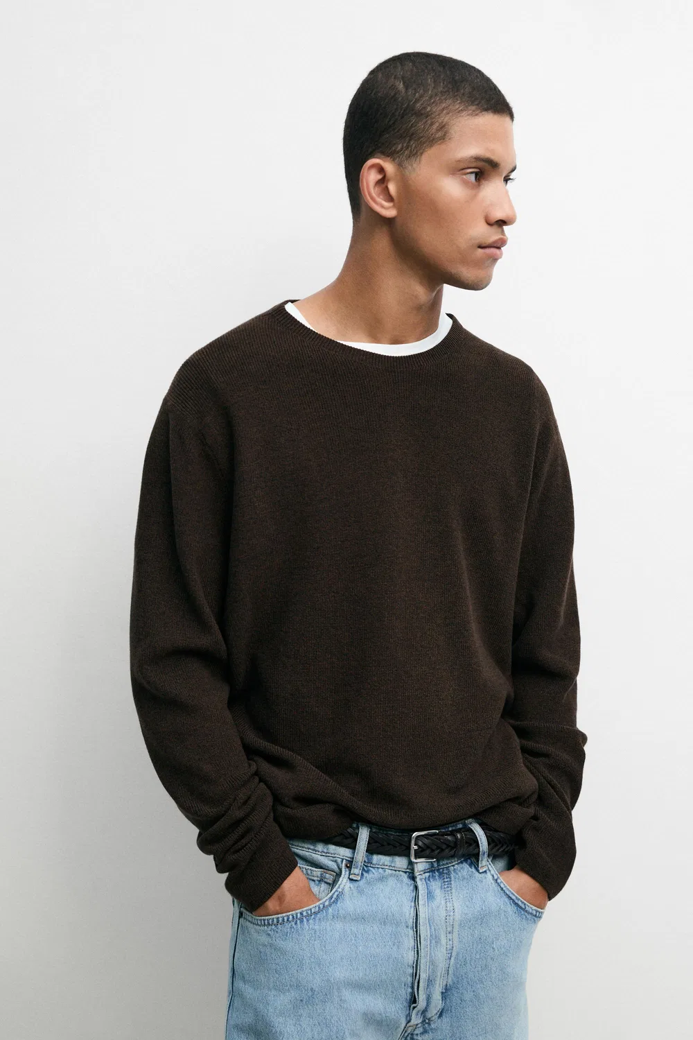 Свитер Massimo Dutti, с круглым вырезом, из хлопка, коричневый — фото 2