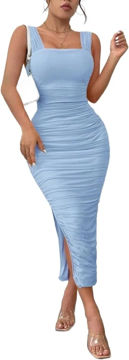 Женское коктейльное платье-комбинация с разрезом Ruched Slit Mesh Overlay, Blue