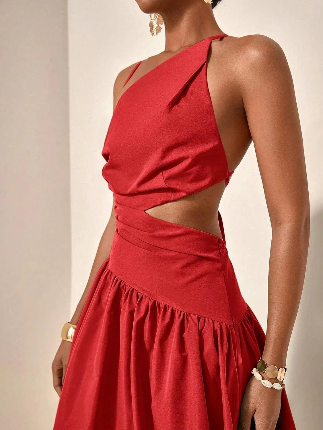 Женское длинное платье на бретельках с вырезами Ruched, Red — фото 4