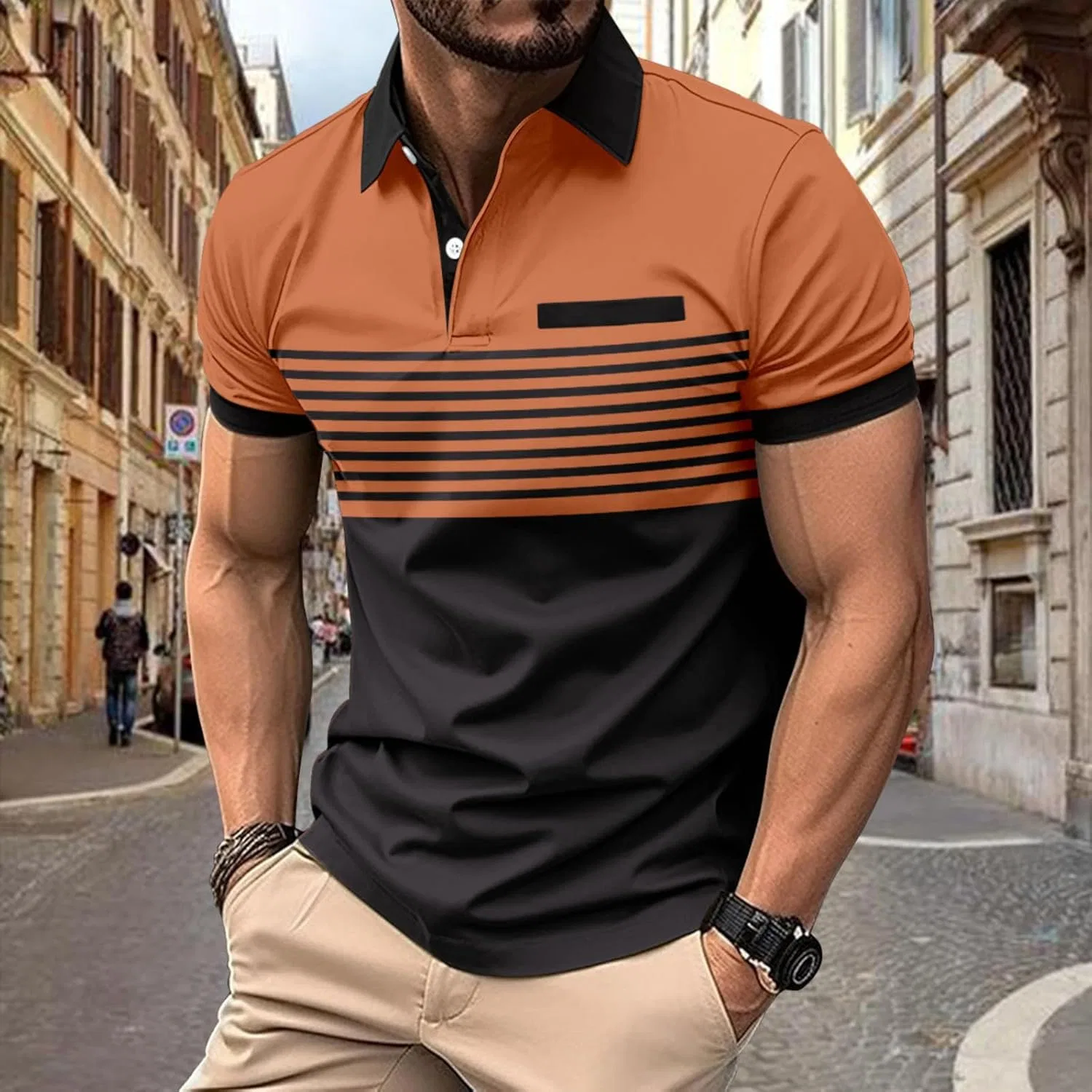 Мужская спортивная футболка поло с цветными блоками, C1-orange — фото 2