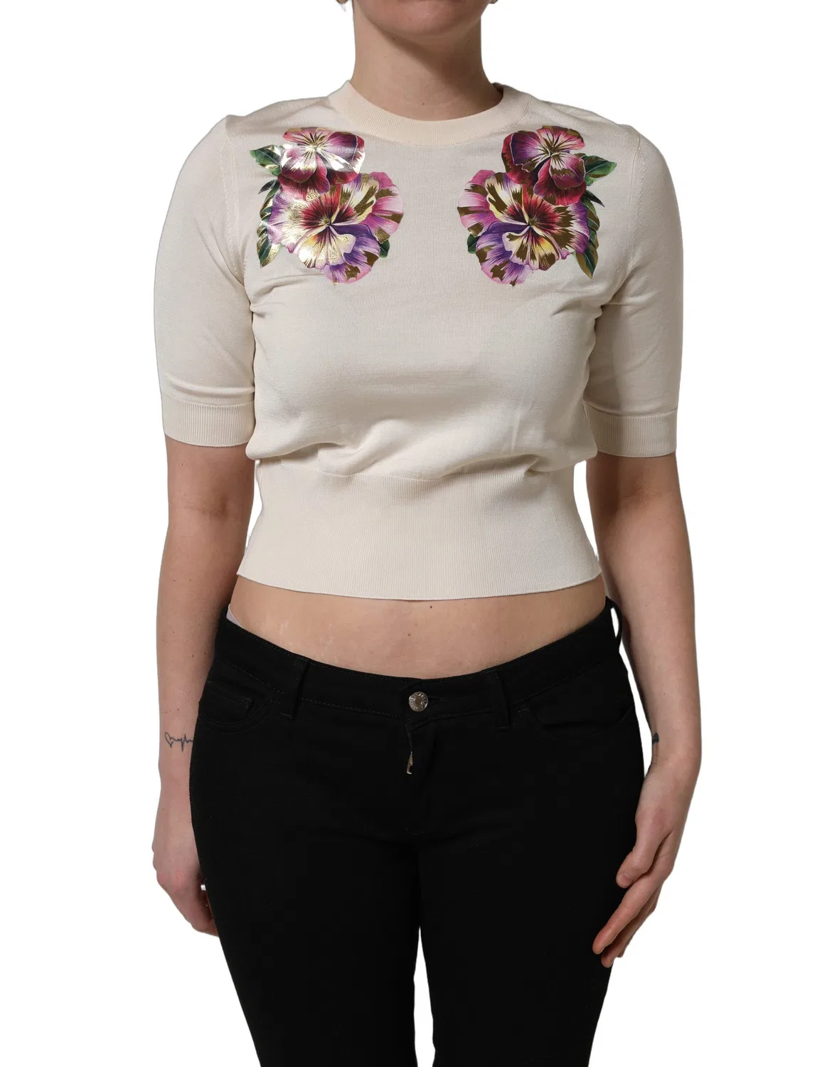Женский пуловер с цветочным принтом из шелка Crew Neck Pullover Dolce & Gabbana, Beige — фото 3