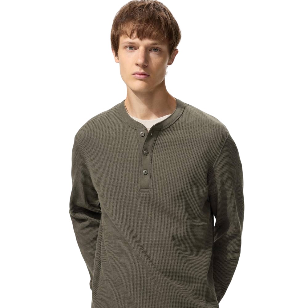 Лонгслив Uniqlo Waffle Henley Neck T-Shirt Unisex, 57 оливковый