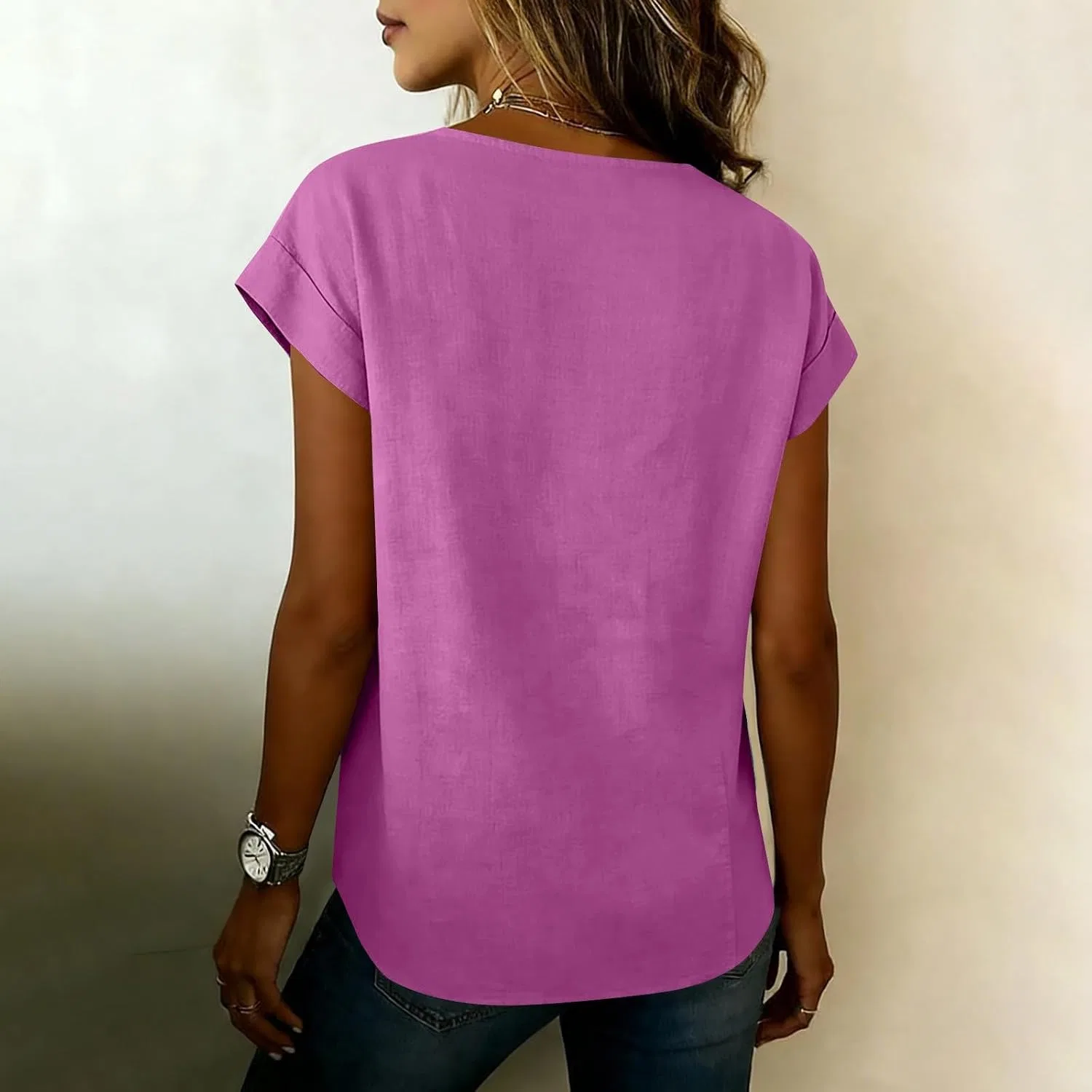 Женская туника с коротким рукавом, с вышивкой, Cotton Linen, ярко-розовый — фото 3