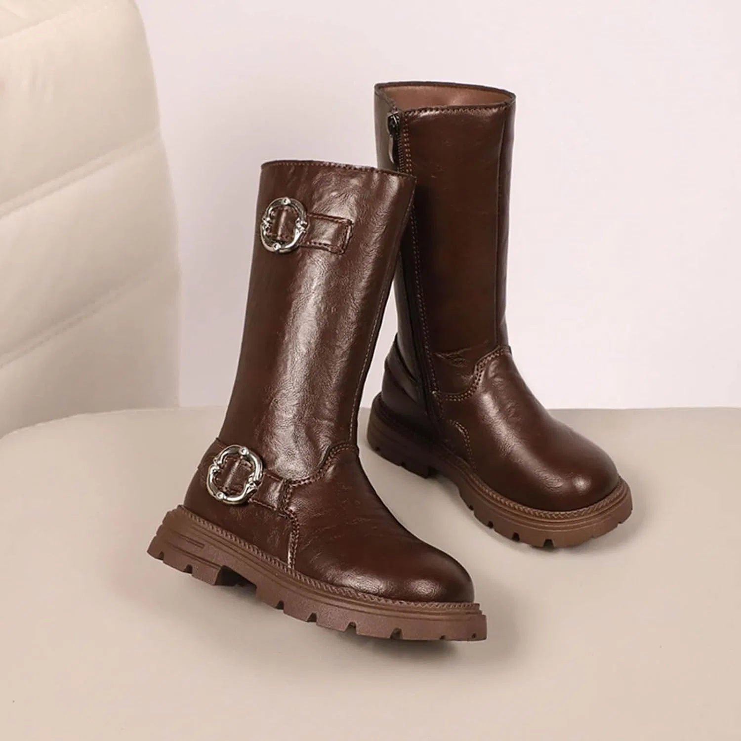 Детские ботинки для девочек с молнией и пряжками, модель Retro Biker Riding Boots, Brown — фото 2