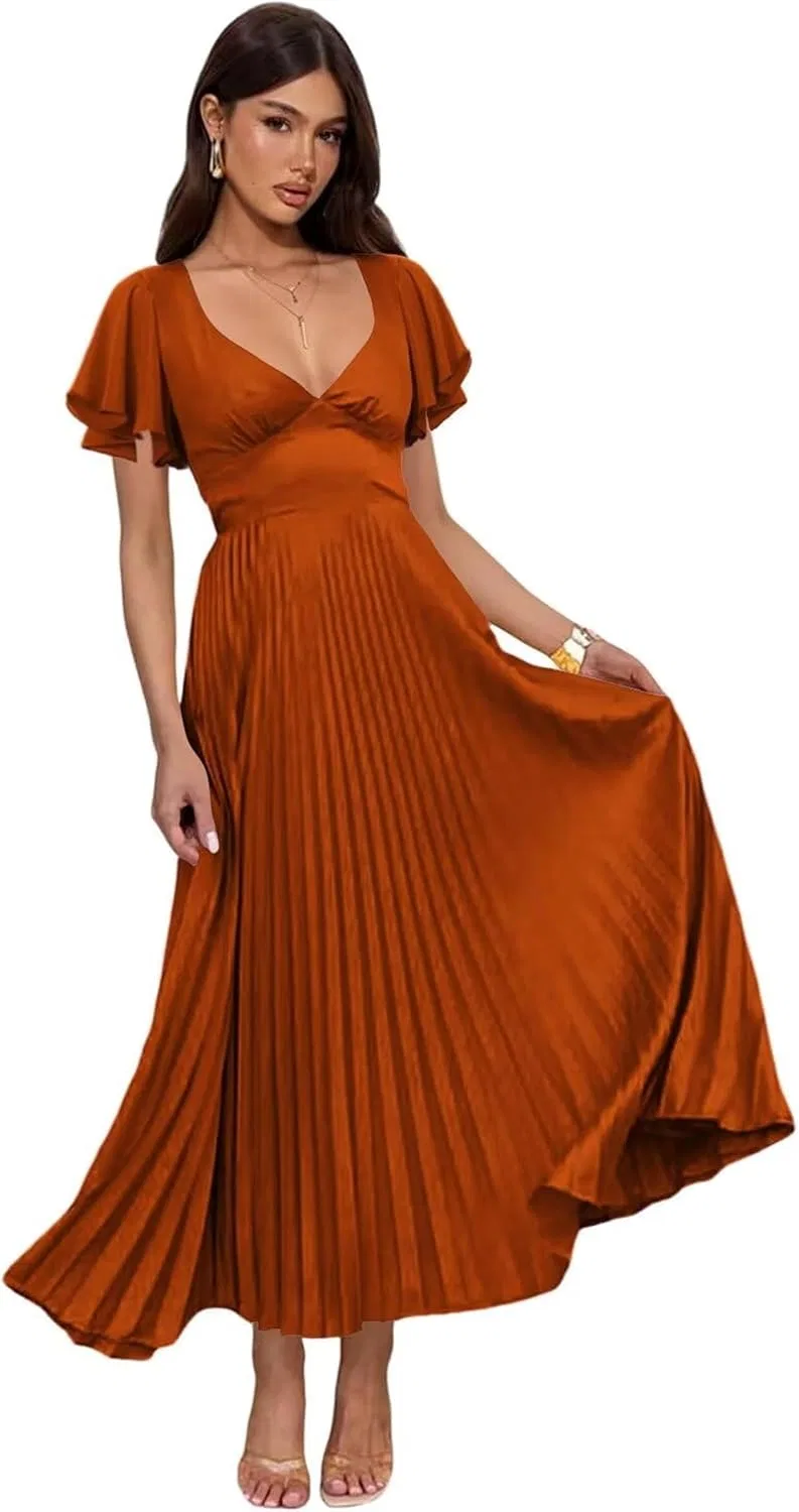 Женское вечернее платье миди с воротником V и плиссе, Burnt Orange