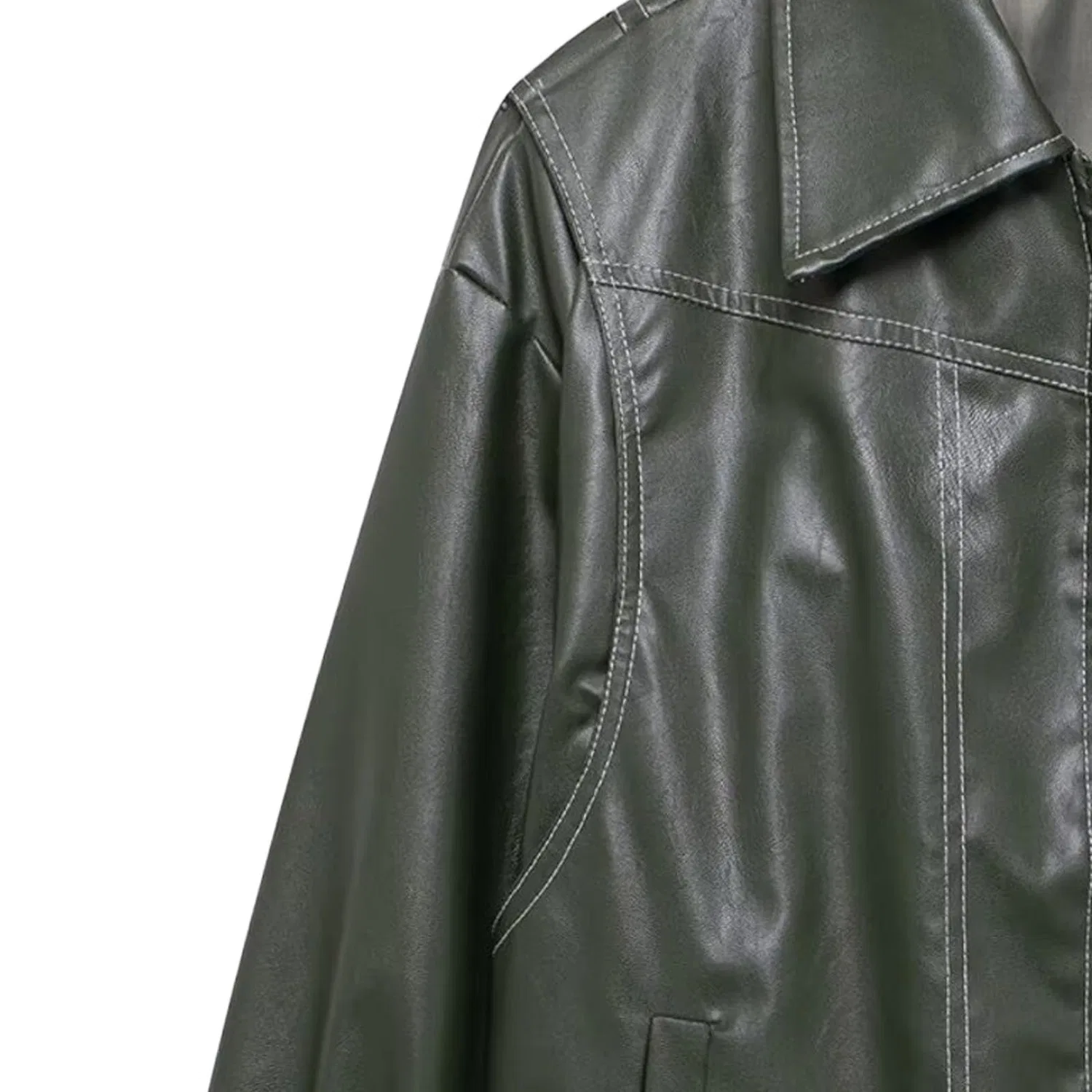 Женская куртка-косуха из экокожи оверсайз, army green — фото 3