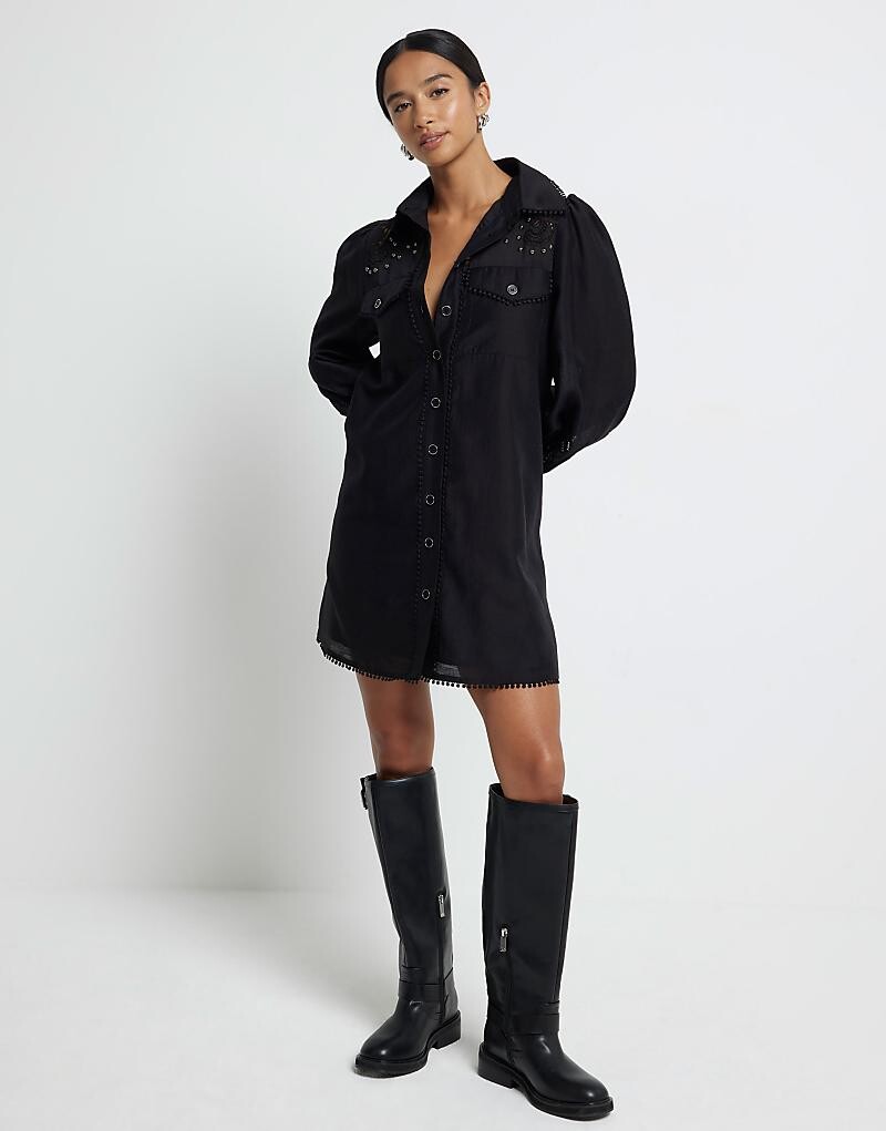 

Черное платье-рубашка с вышивкой River Island Petite Petite