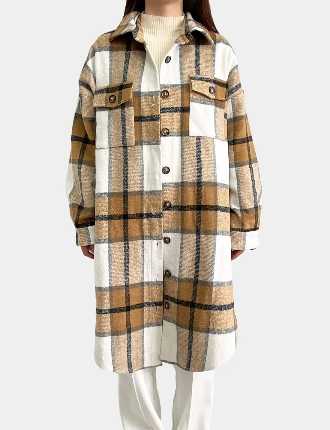 Женская куртка-рубашка с принтом в клетку Womens-Shacket-Vintage Retrò, Khaki — фото 2