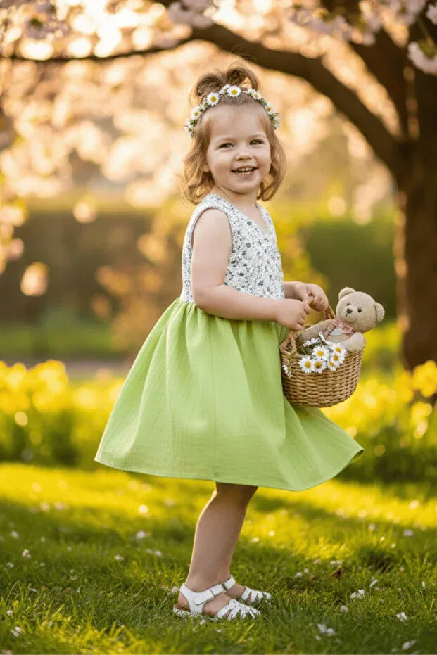 Детское платье для девочек кружевное Lace detailed floral patterned sleeveless double breasted green baby girl dress Bertuğ Bebek, Green