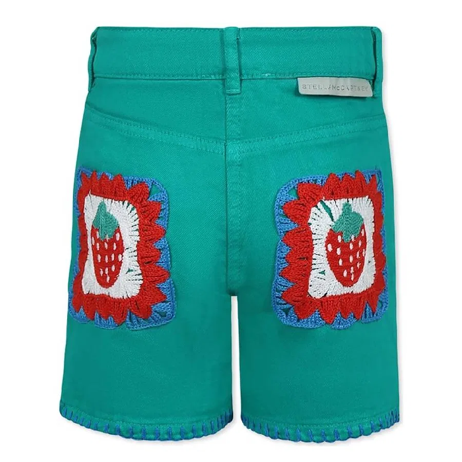 Шорты хлопковые с вышивкой клубникой Kids Strawberry Embroidery Cotton Shorts Stella McCartney, Green — фото 2