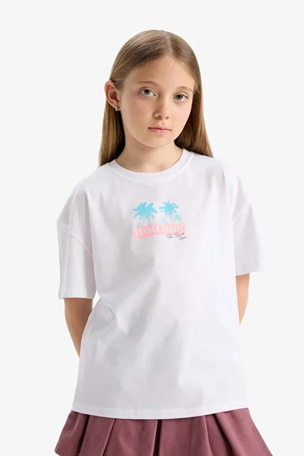 Детская футболка для девочек с принтом Oversize Wide Fit Crew Neck Back Printed Short Sleeve T-Shirt Girl Defacto, White-Wt341 — фото 4