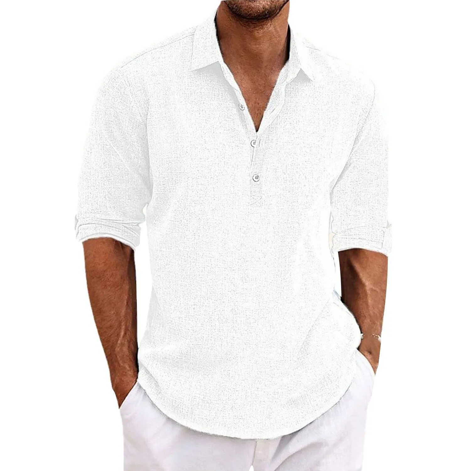 Мужская хлопковая рубашка-поло с коротким рукавом, модель Elbow Sleeve 4 Button Linen Lapel Collar, White