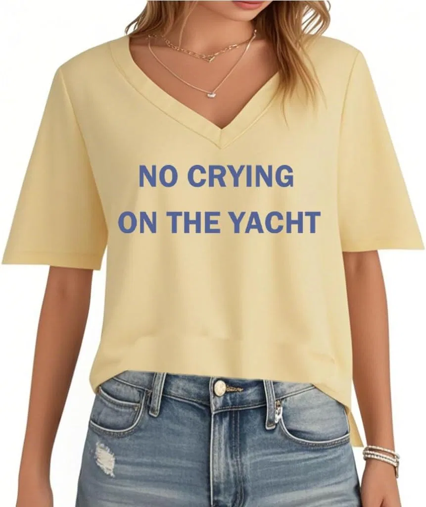 Женская футболка с принтом No Crying On The Yacht, Creamy Yellow